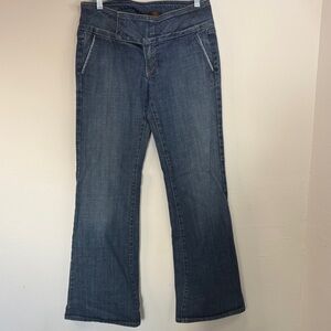 Arden B Dark Blue Flare Jeans Low Rise Wide Waistband Hippie Boho Bow